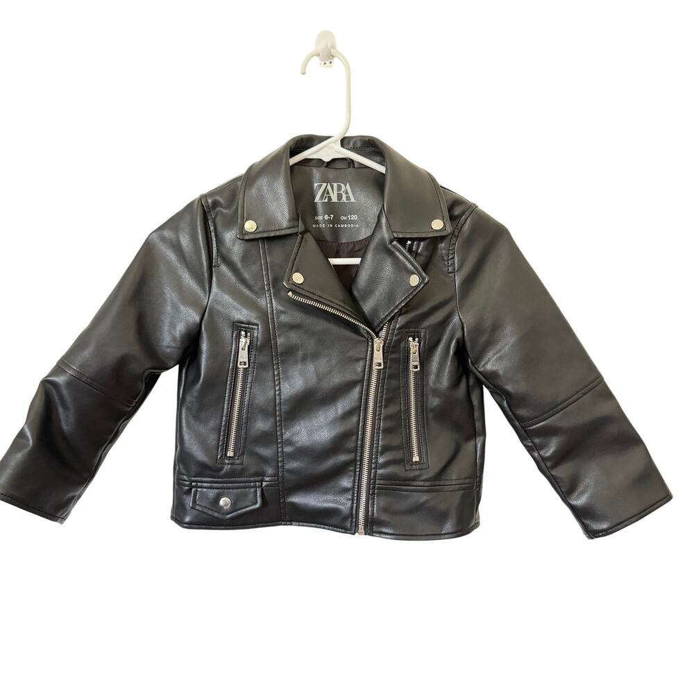 Zara Kids Black Faux Leather Moto Jacket Size 6-7 / CM 120